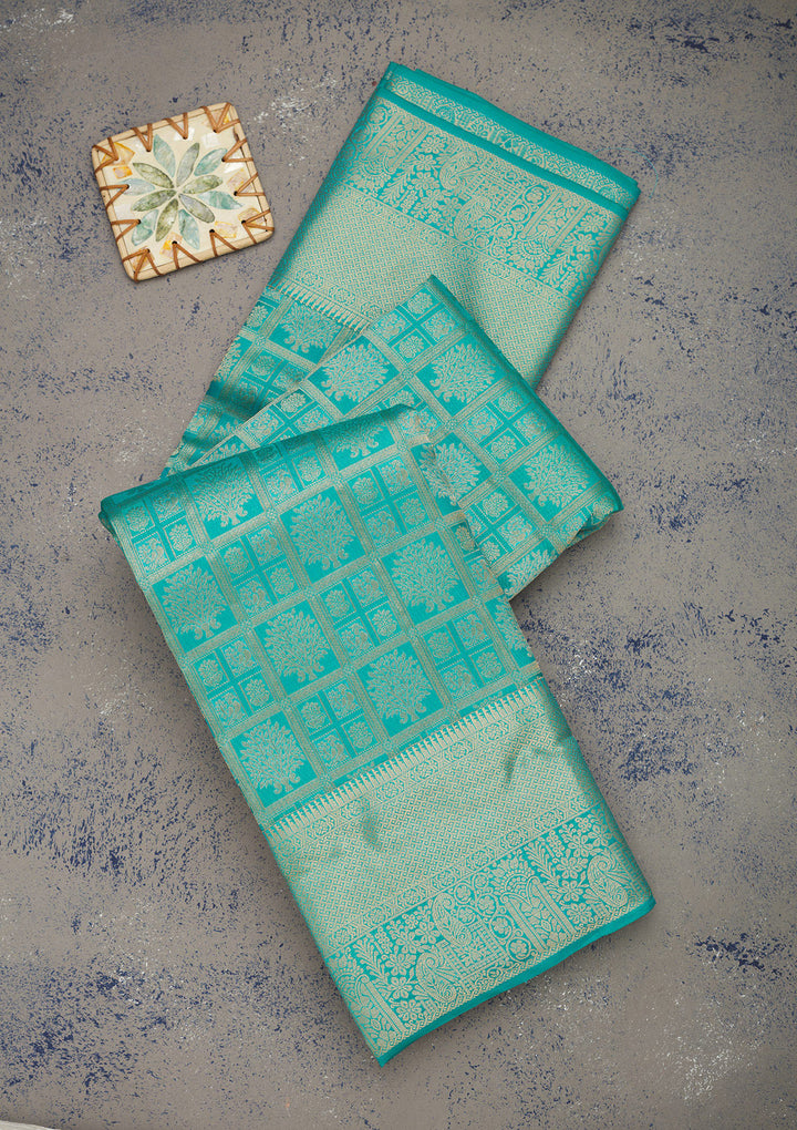 Turquoise Blue Pure Silk Jaal Zariwork Saree With Matching Blouse Piece