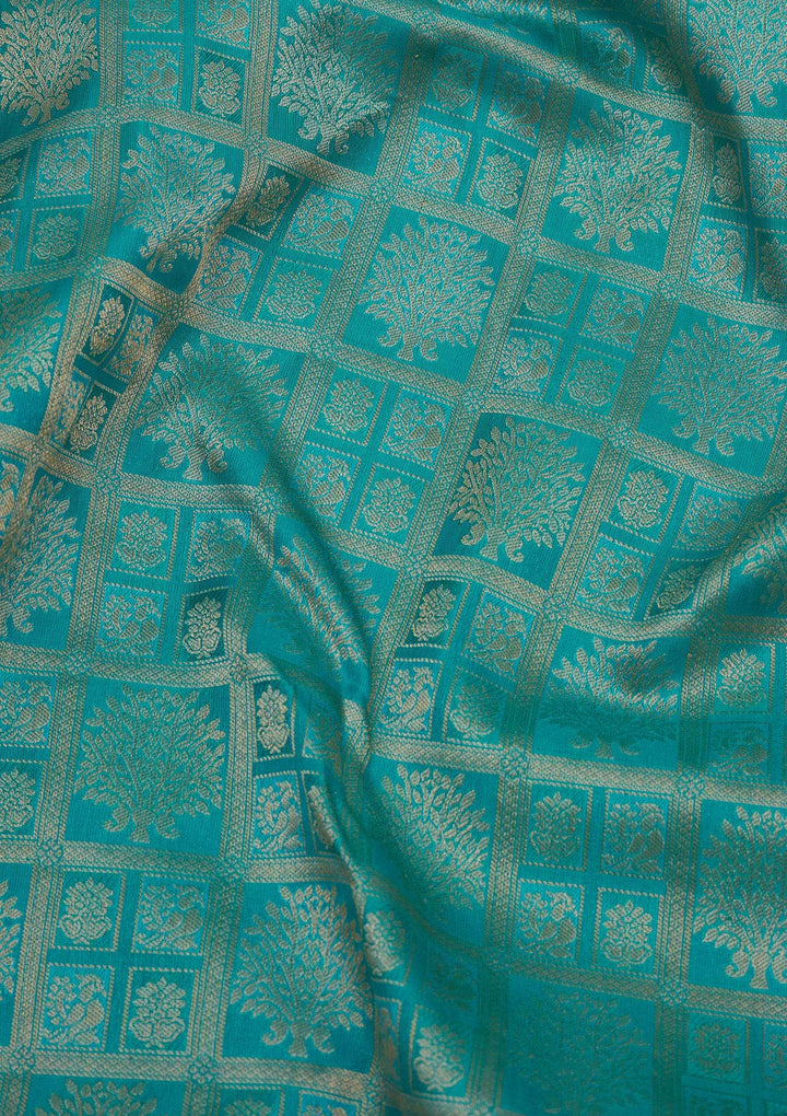 Turquoise Blue Pure Silk Jaal Zariwork Saree With Matching Blouse Piece