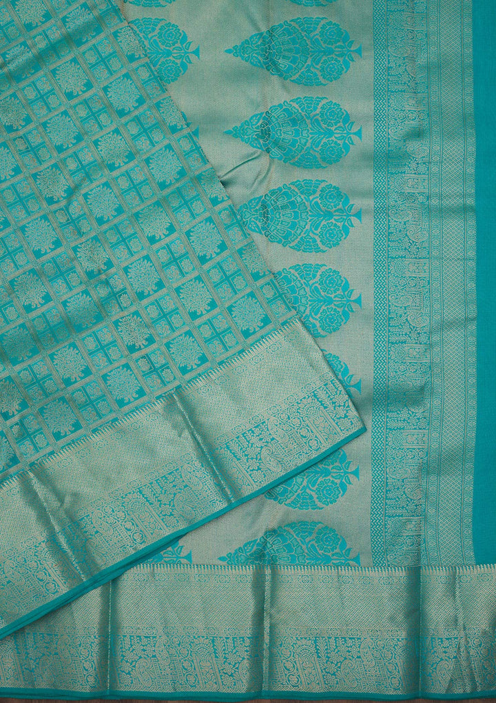 Turquoise Blue Pure Silk Jaal Zariwork Saree With Matching Blouse Piece