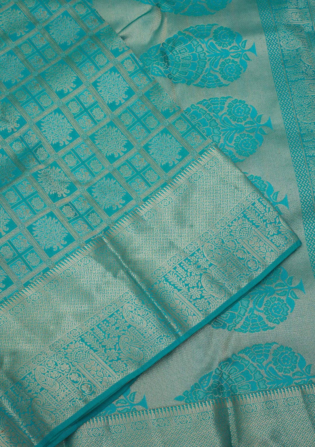 Turquoise Blue Pure Silk Jaal Zariwork Saree With Matching Blouse Piece