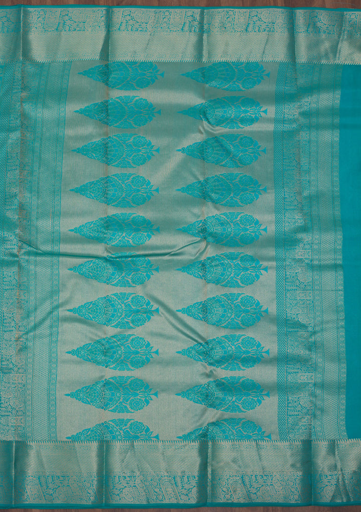 Turquoise Blue Pure Silk Jaal Zariwork Saree With Matching Blouse Piece
