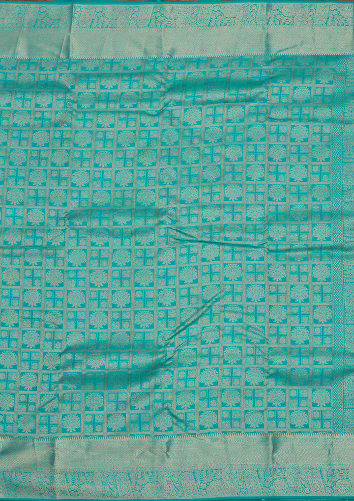 Turquoise Blue Pure Silk Jaal Zariwork Saree With Matching Blouse Piece