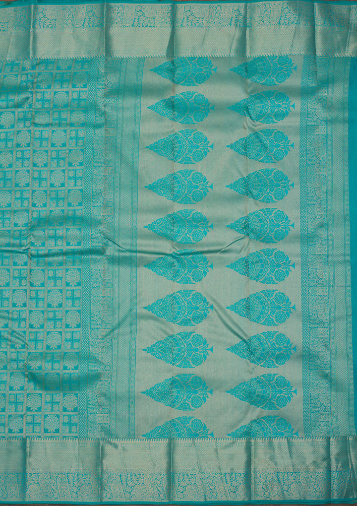 Turquoise Blue Pure Silk Jaal Zariwork Saree With Matching Blouse Piece