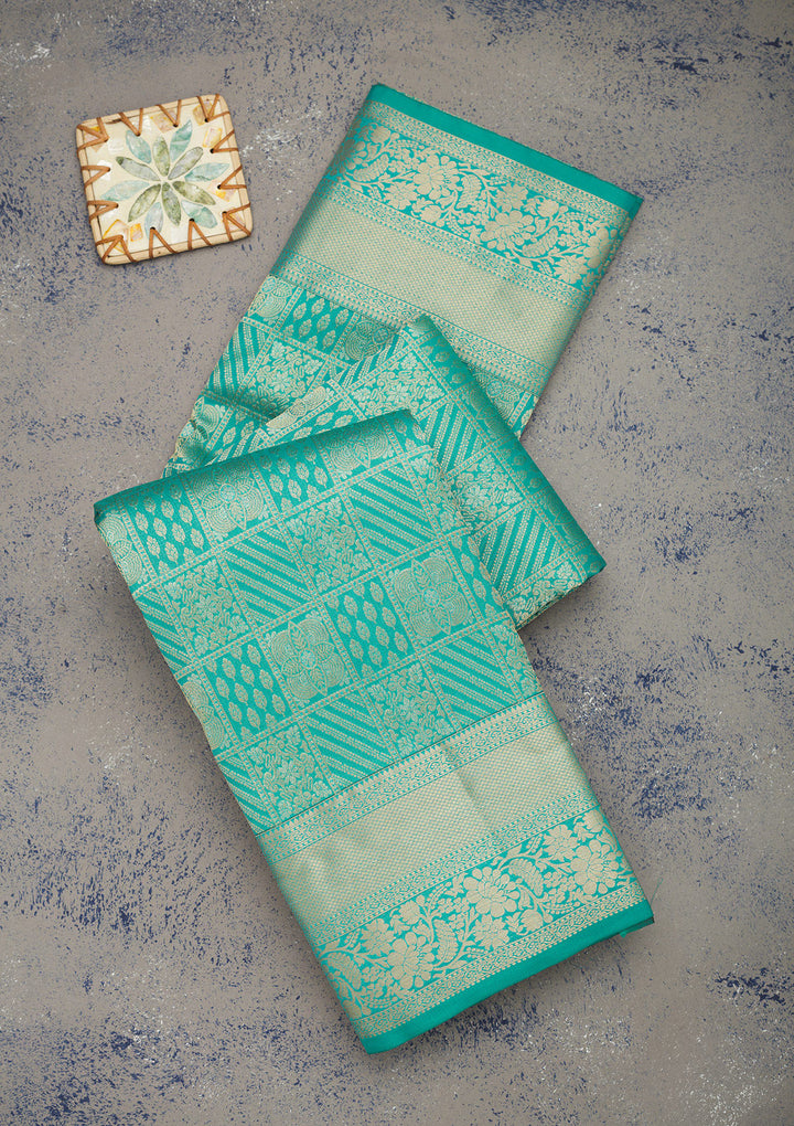 Turquoise Blue Pure Silk Jaal Gold Zariwork Saree With Matching Blouse Piece