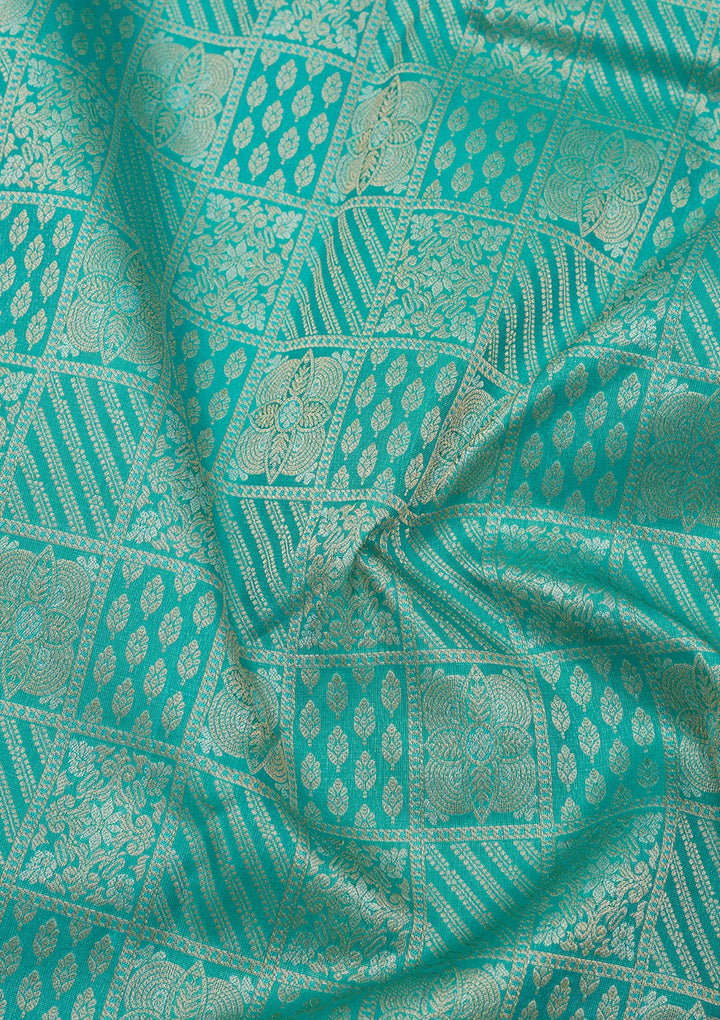 Turquoise Blue Pure Silk Jaal Gold Zariwork Saree With Matching Blouse Piece