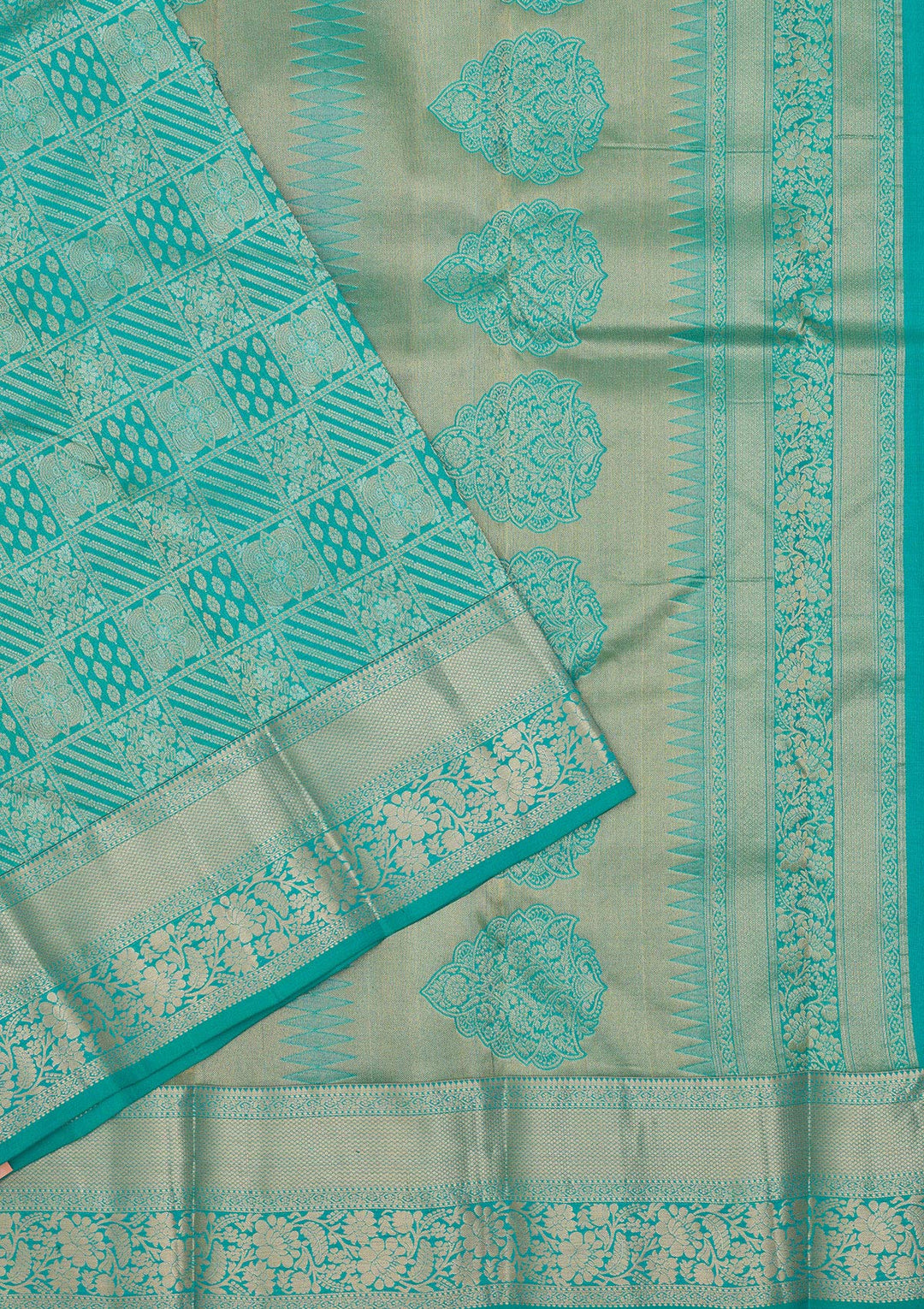 Turquoise Blue Pure Silk Jaal Gold Zariwork Saree With Matching Blouse Piece