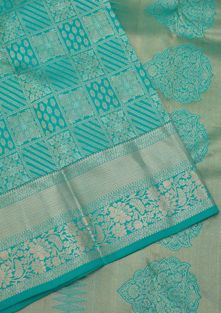 Turquoise Blue Pure Silk Jaal Gold Zariwork Saree With Matching Blouse Piece