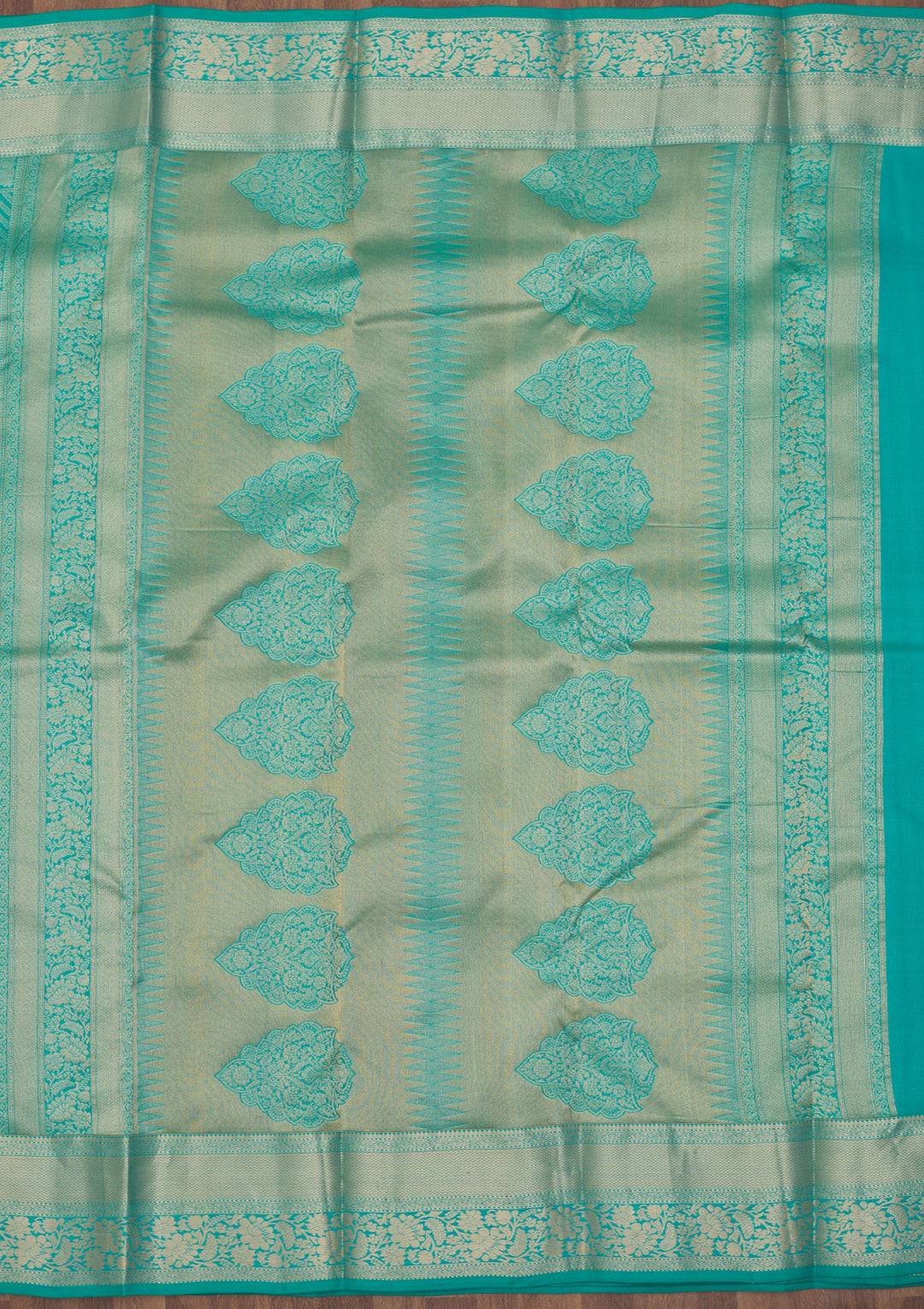Turquoise Blue Pure Silk Jaal Gold Zariwork Saree With Matching Blouse Piece