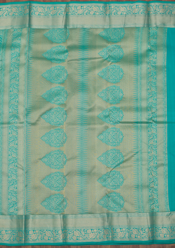Turquoise Blue Pure Silk Jaal Gold Zariwork Saree With Matching Blouse Piece