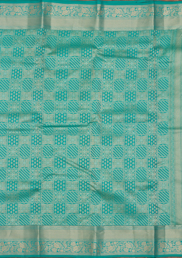 Turquoise Blue Pure Silk Jaal Gold Zariwork Saree With Matching Blouse Piece