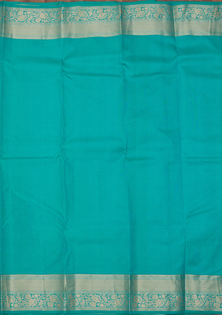 Turquoise Blue Pure Silk Jaal Gold Zariwork Saree With Matching Blouse Piece
