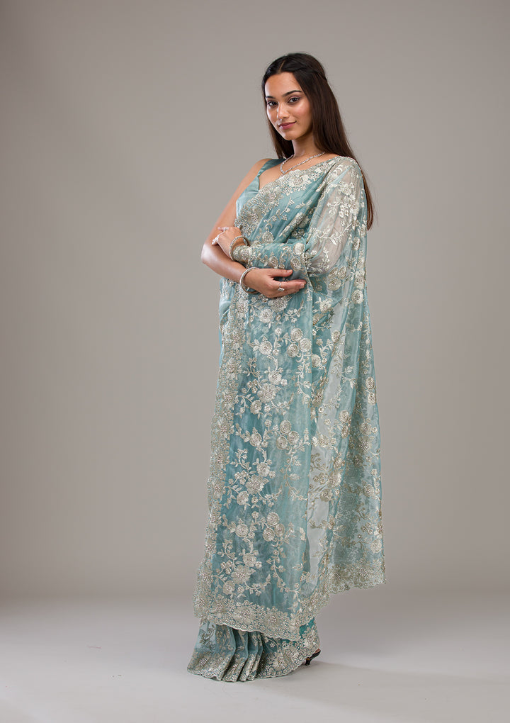 Turquoise Blue Zariwork Tissue Saree