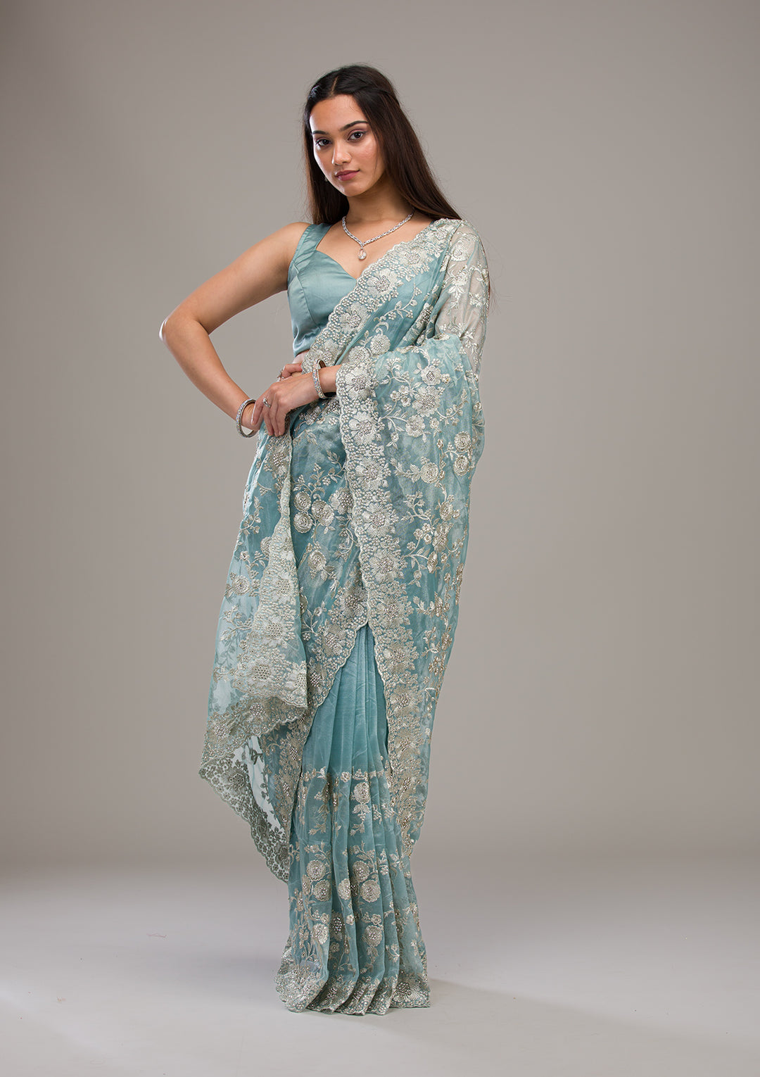 Turquoise Blue Zariwork Tissue Saree
