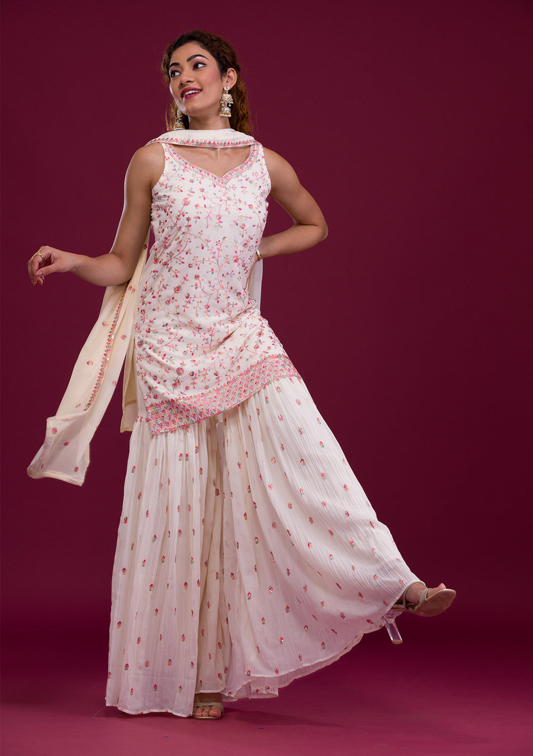 White Kashmiri Threadwork Georgette Readymade Sharara Suit-Koskii