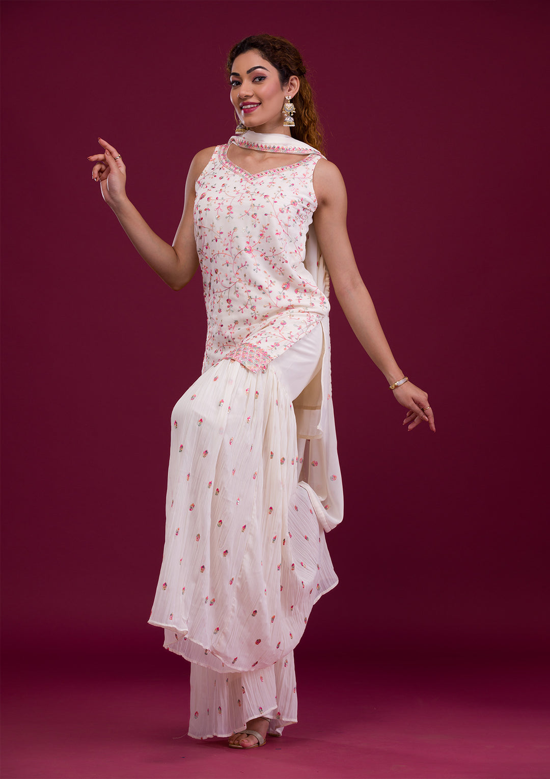 White Kashmiri Threadwork Georgette Readymade Sharara Suit-Koskii