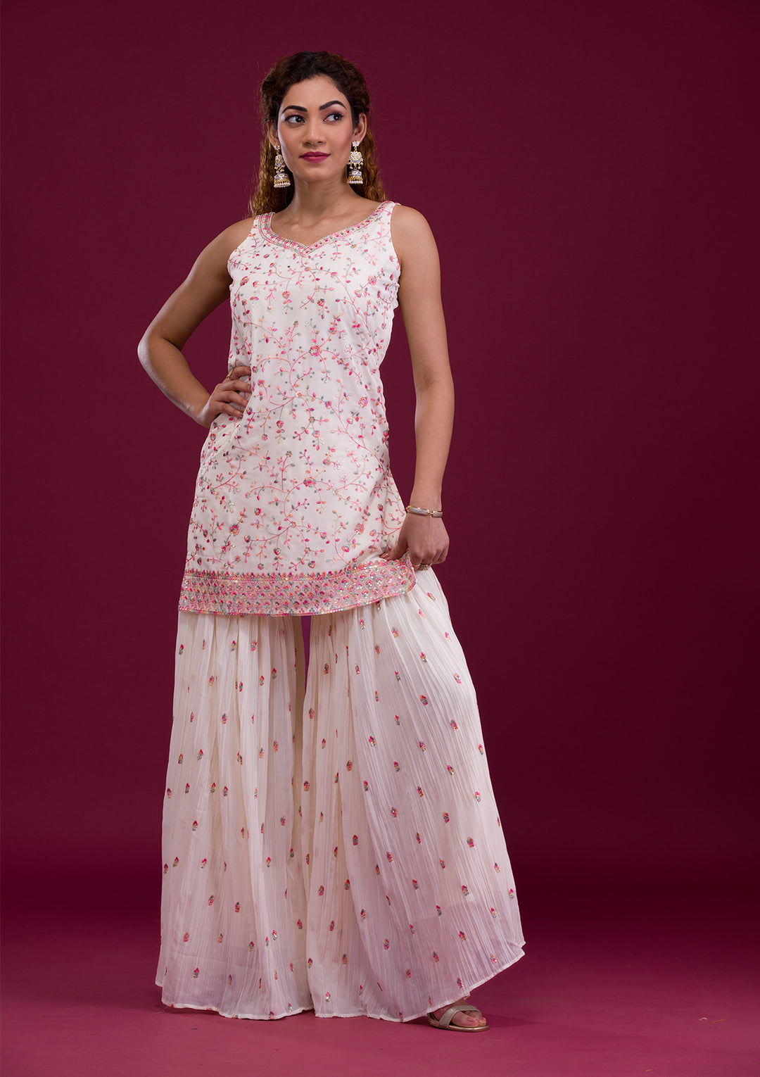 White Kashmiri Threadwork Georgette Readymade Sharara Suit-Koskii