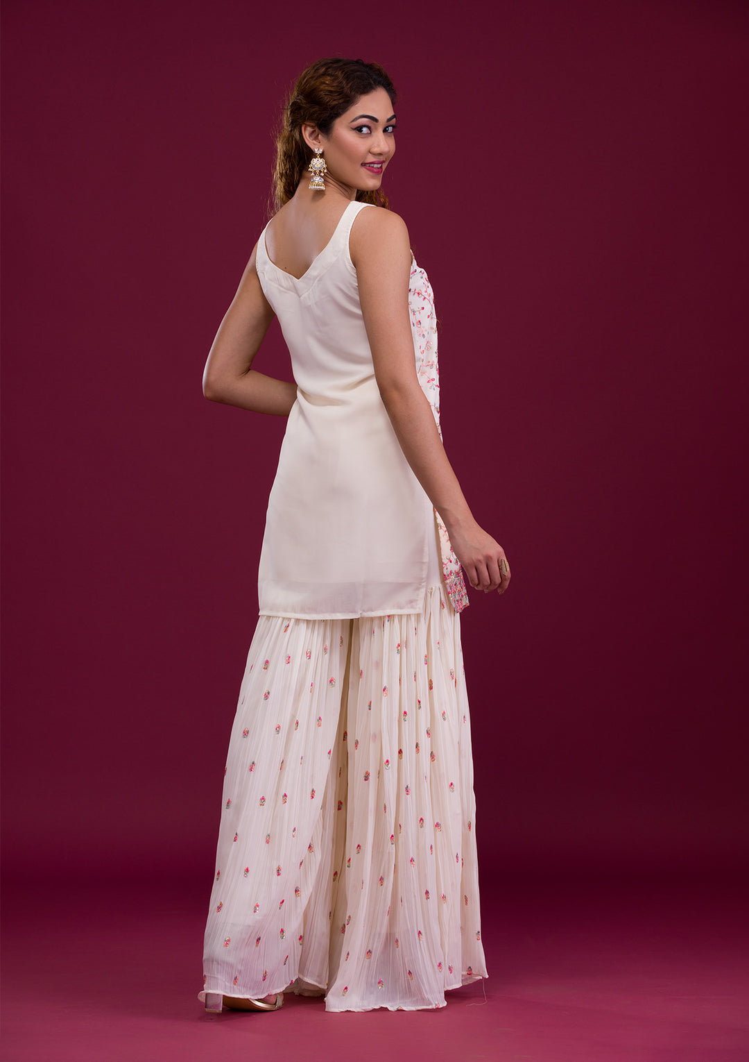 White Kashmiri Threadwork Georgette Readymade Sharara Suit