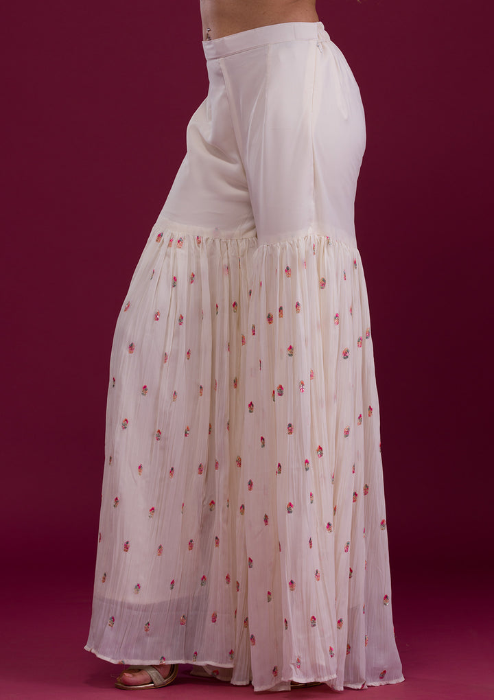 White Kashmiri Threadwork Georgette Readymade Sharara Suit