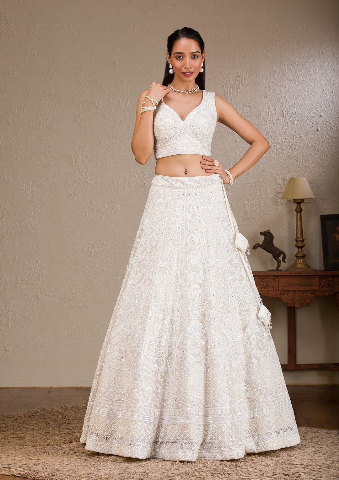 Koskii Net White Lehenga with Pearlwork – Luxurious Evening Wear