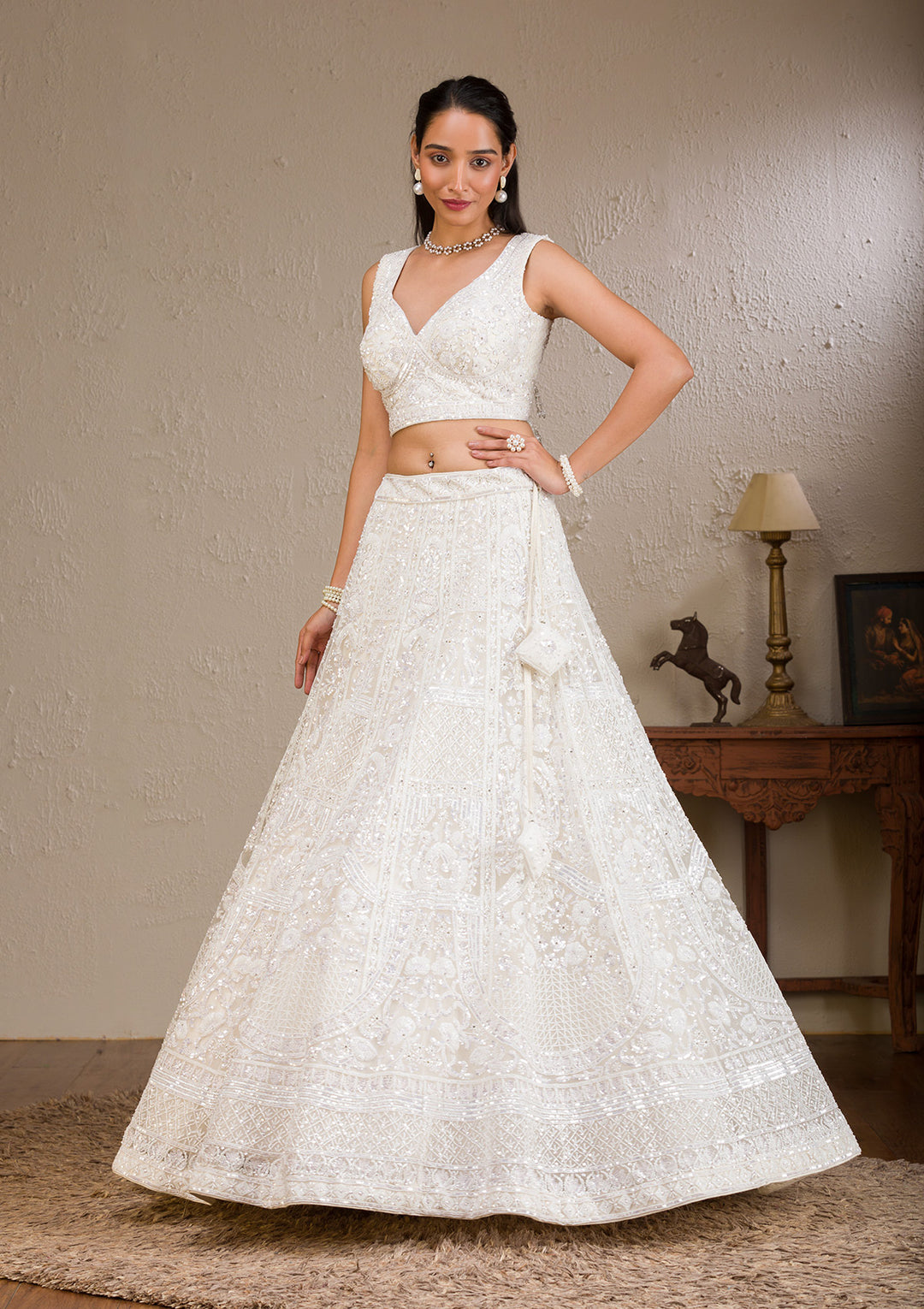 Koskii Net White Lehenga with Pearlwork – Luxurious Evening Wear