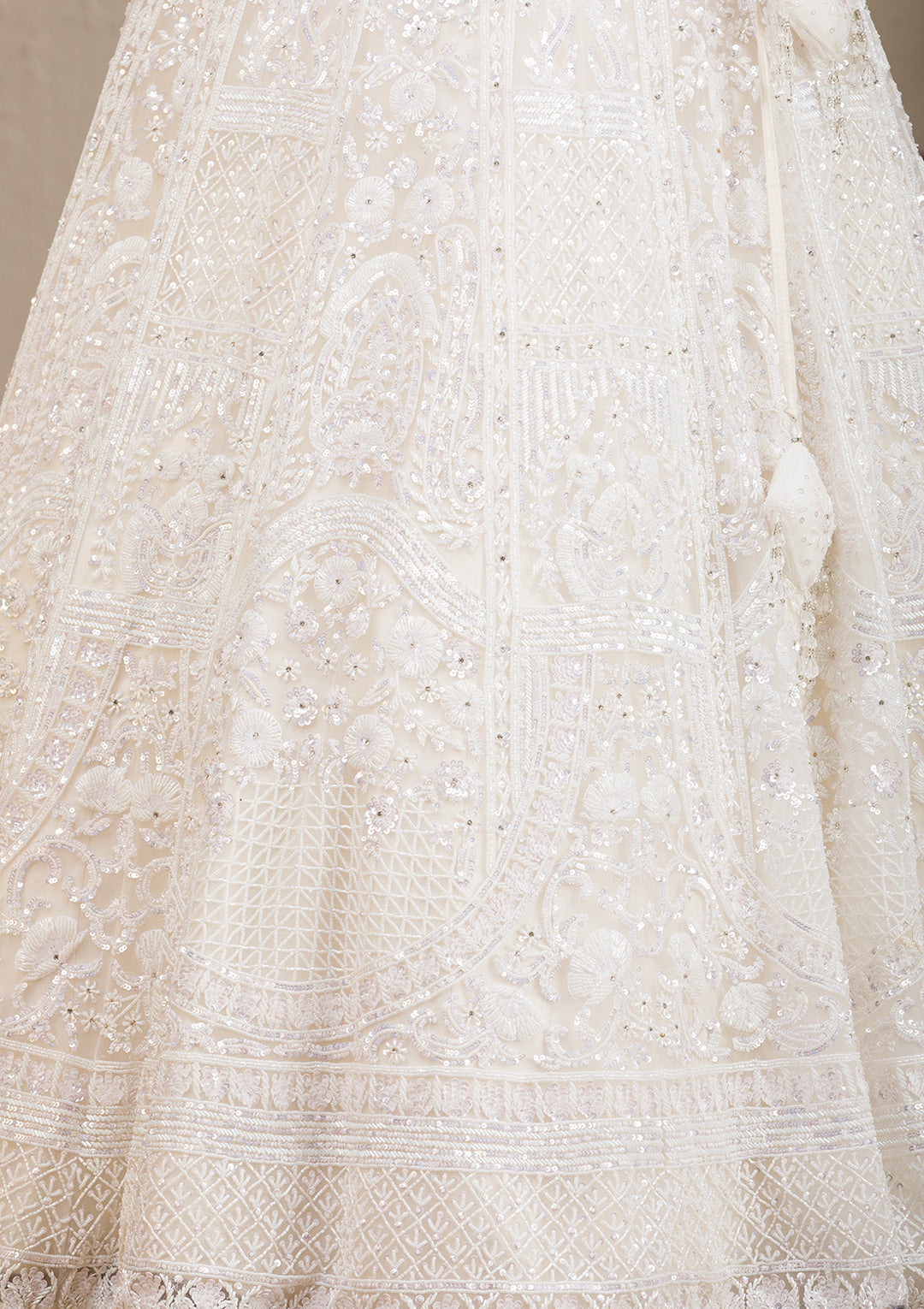Koskii Net White Lehenga with Pearlwork – Luxurious Evening Wear