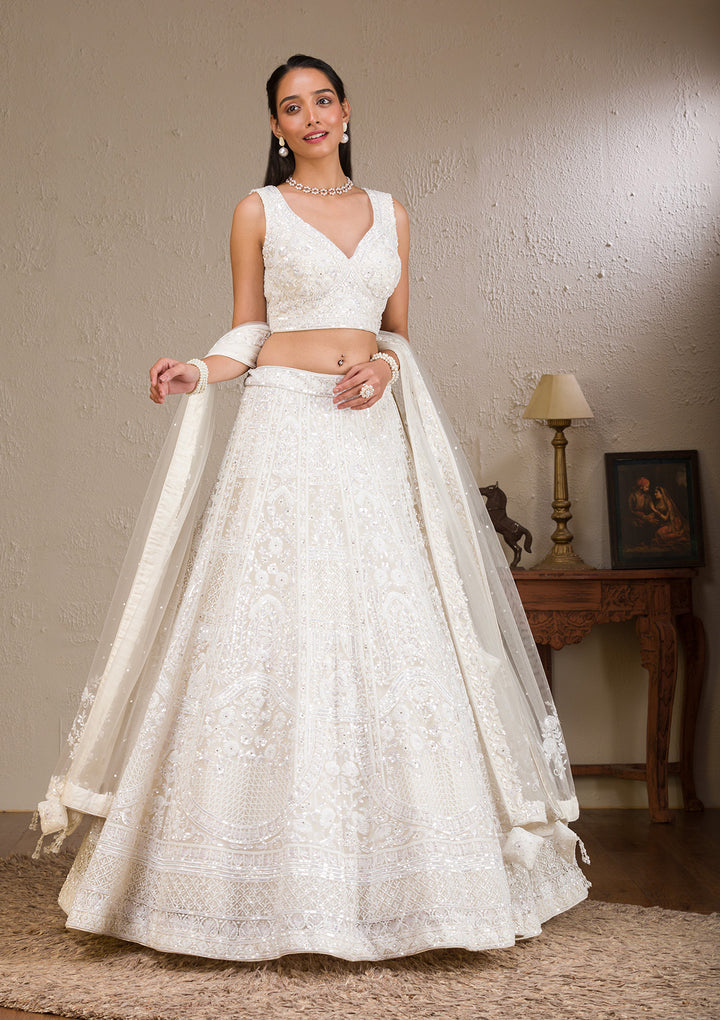 Koskii Net White Lehenga with Pearlwork – Luxurious Evening Wear