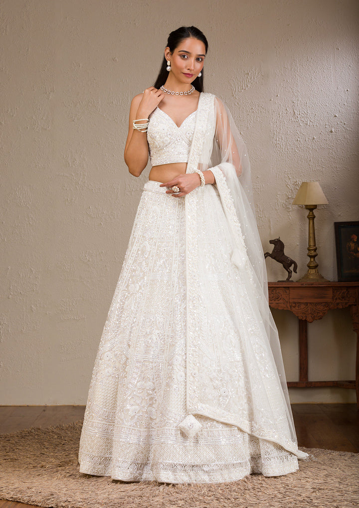 Koskii Net White Lehenga with Pearlwork – Luxurious Evening Wear