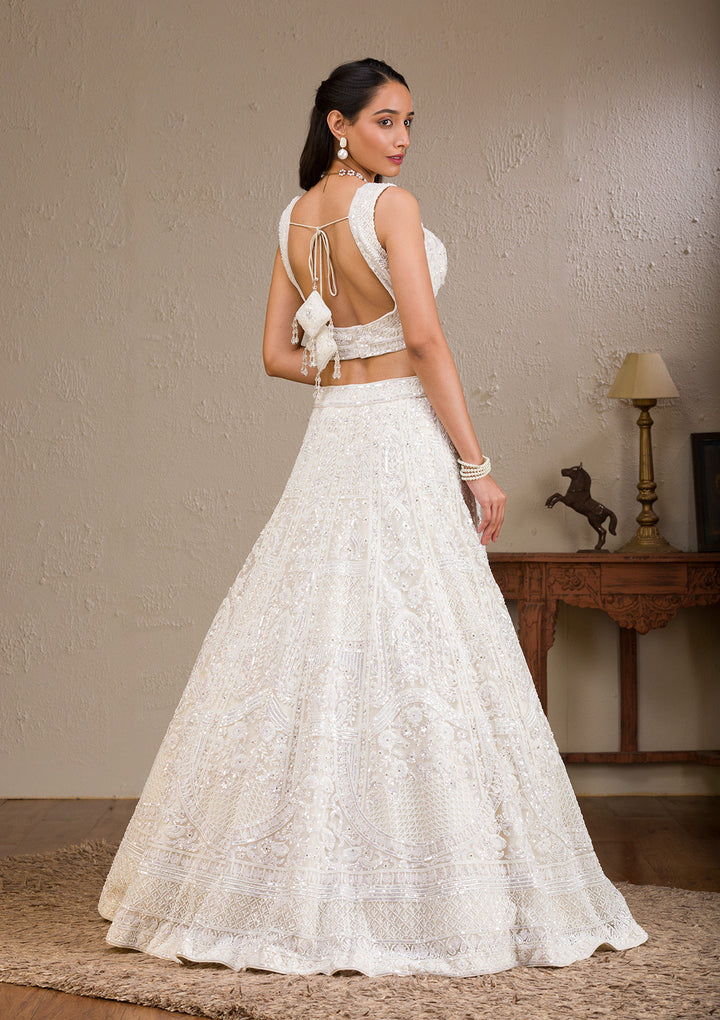 Koskii Net White Lehenga with Pearlwork – Luxurious Evening Wear