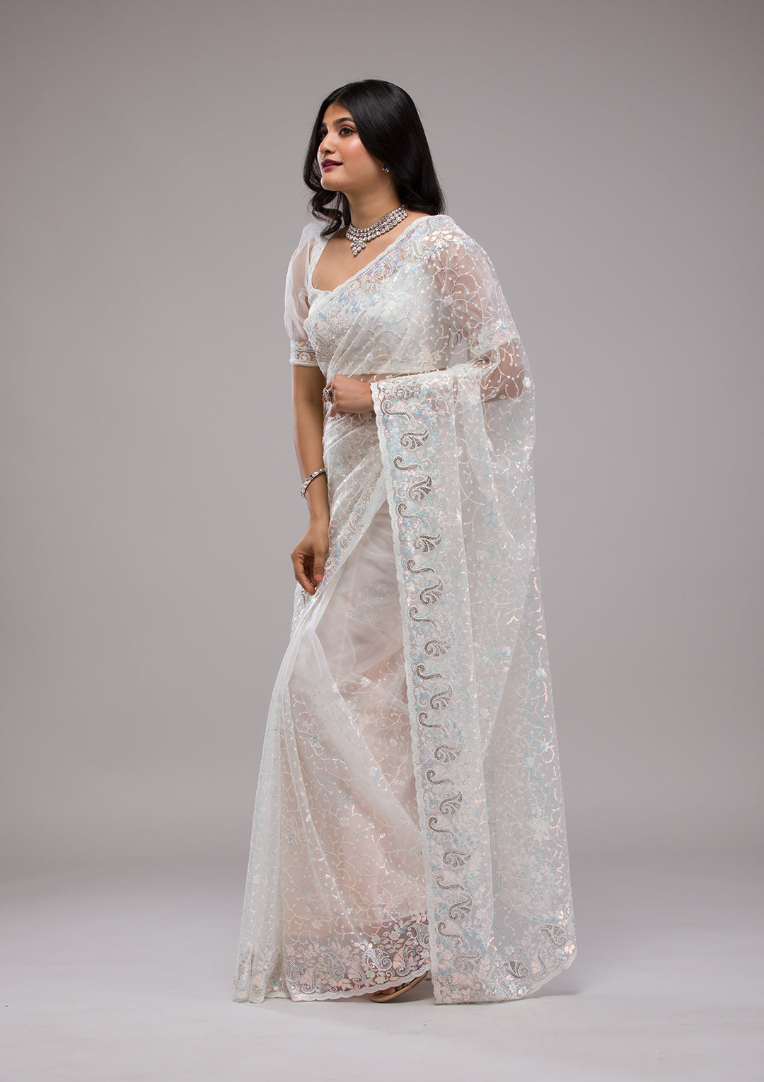 White Sequins Net Saree