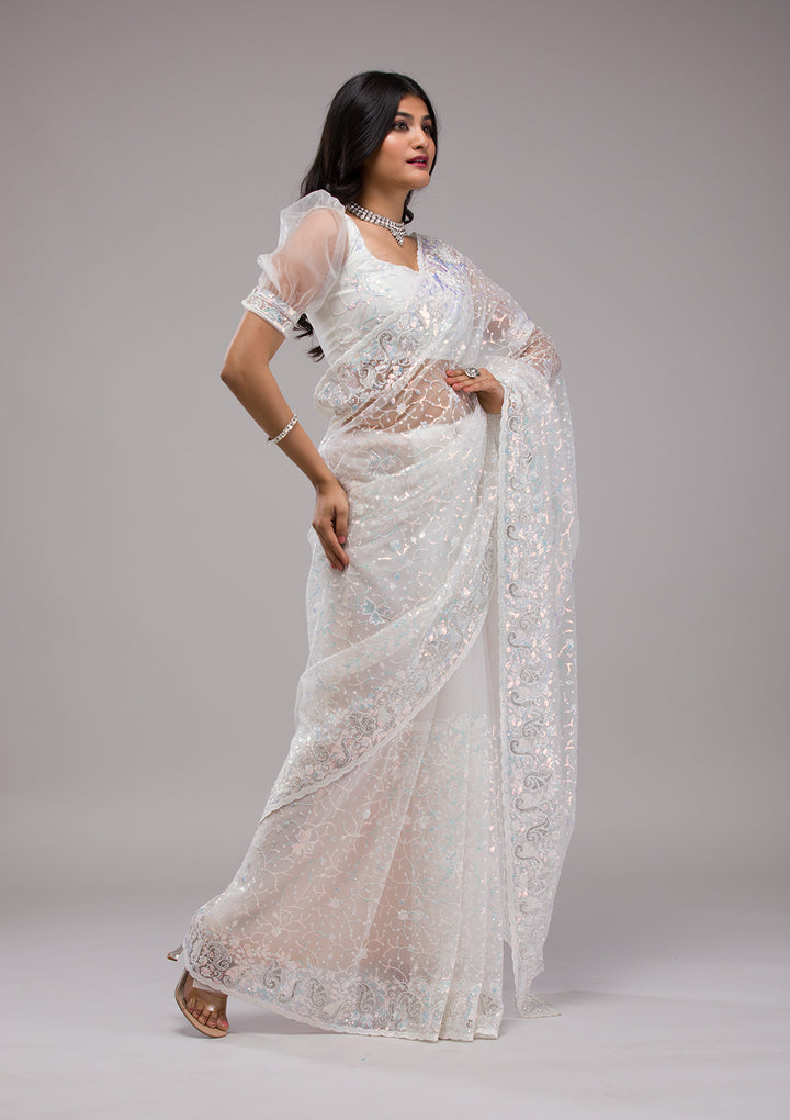 White Sequins Net Saree