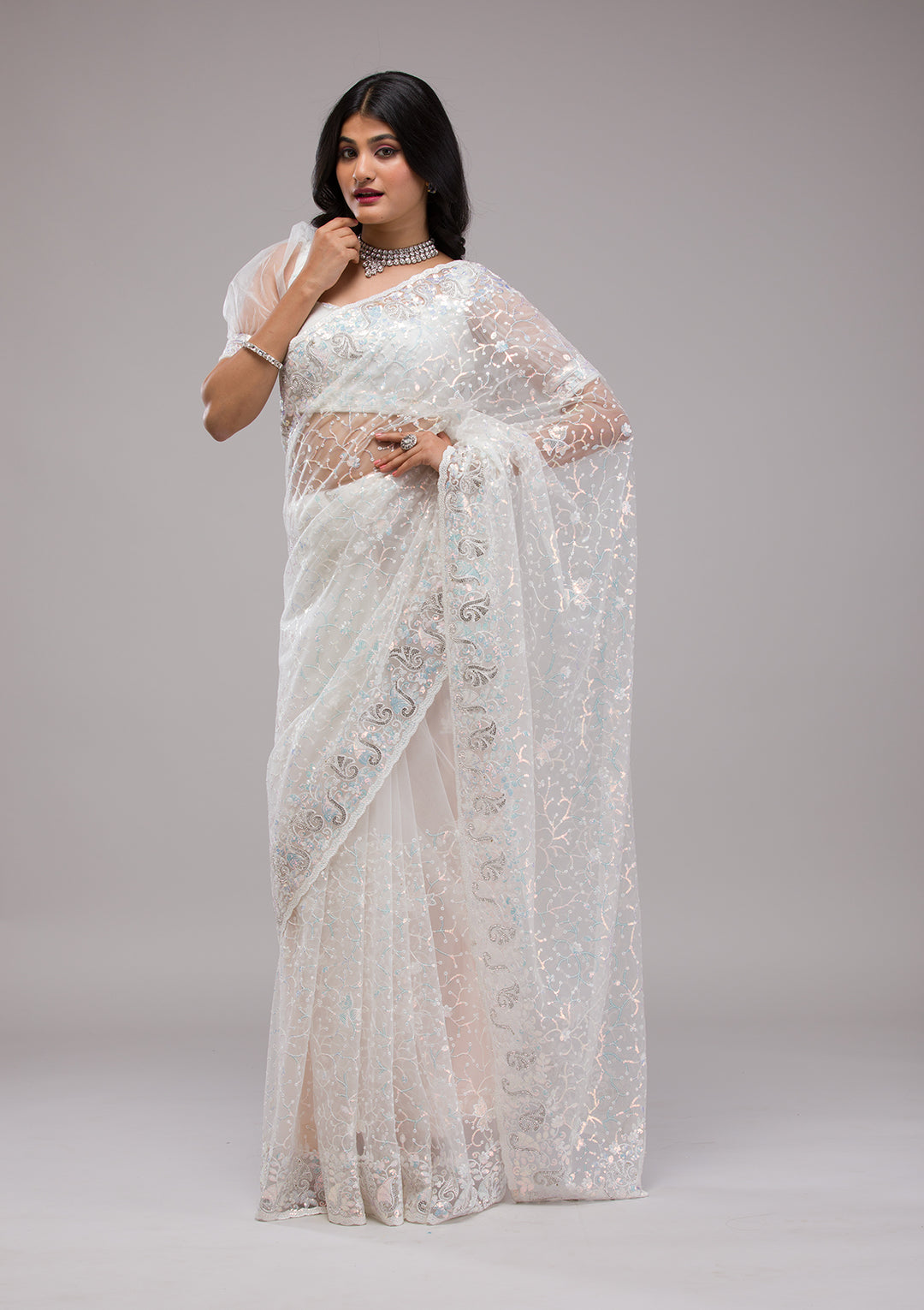 White Sequins Net Saree