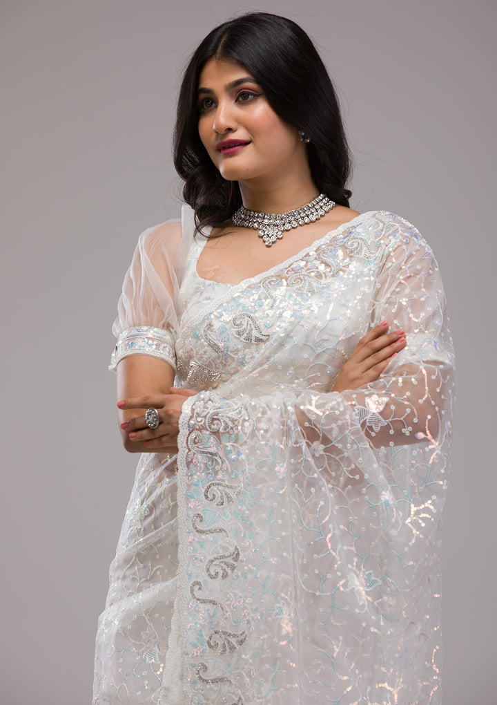 White Sequins Net Saree