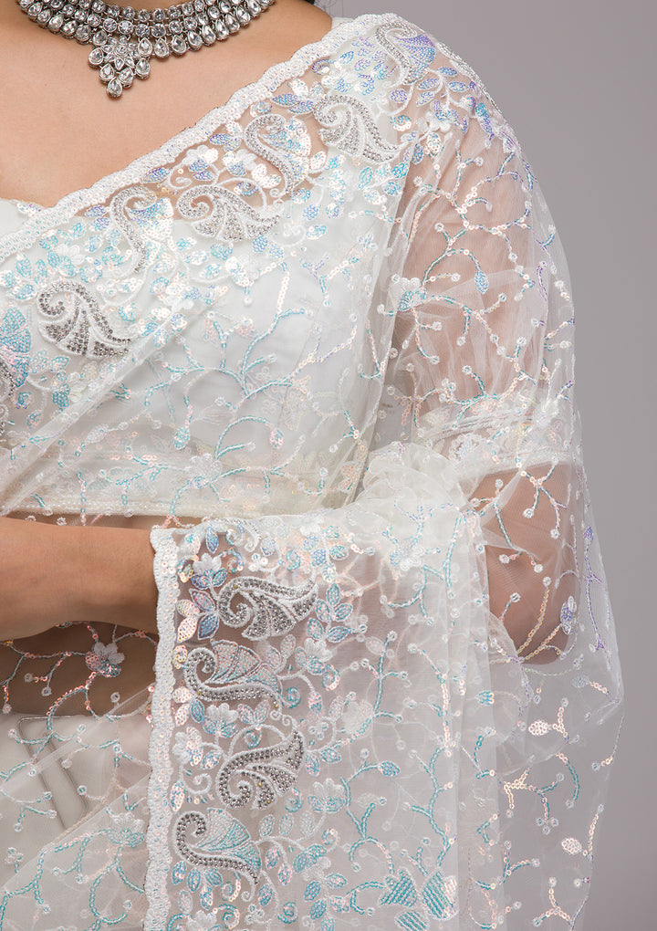 White Sequins Net Saree