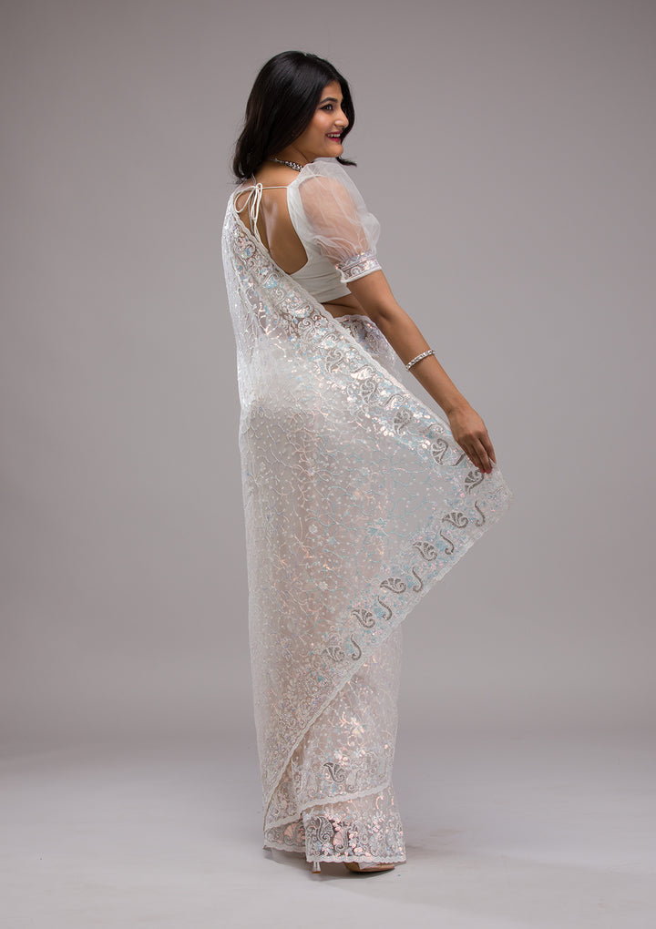 White Sequins Net Saree