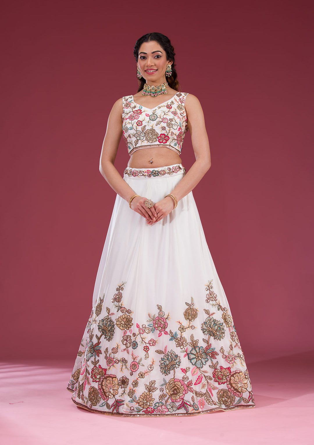 White Threadwork Georgette Readymade Lehenga