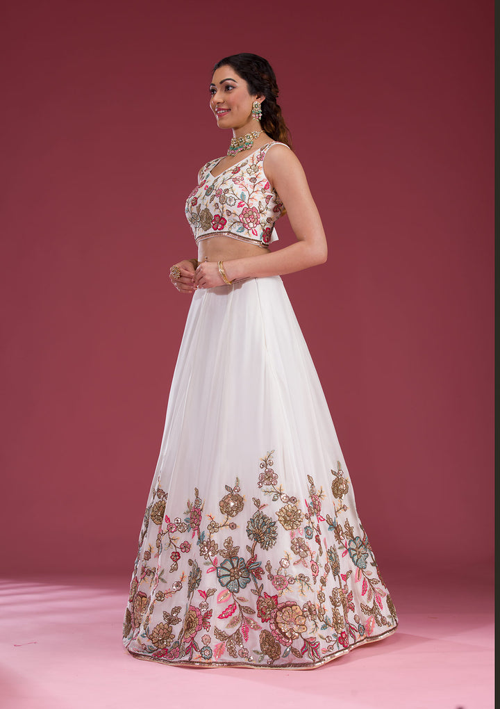 White Threadwork Georgette Readymade Lehenga