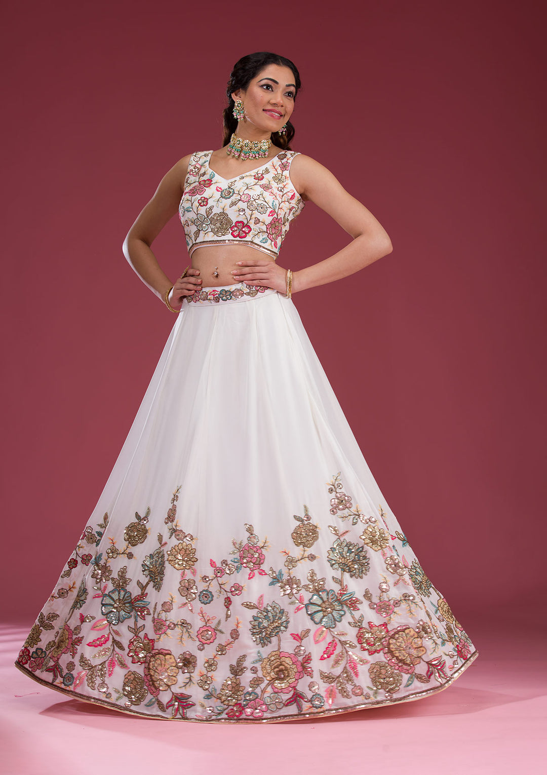 White Threadwork Georgette Readymade Lehenga