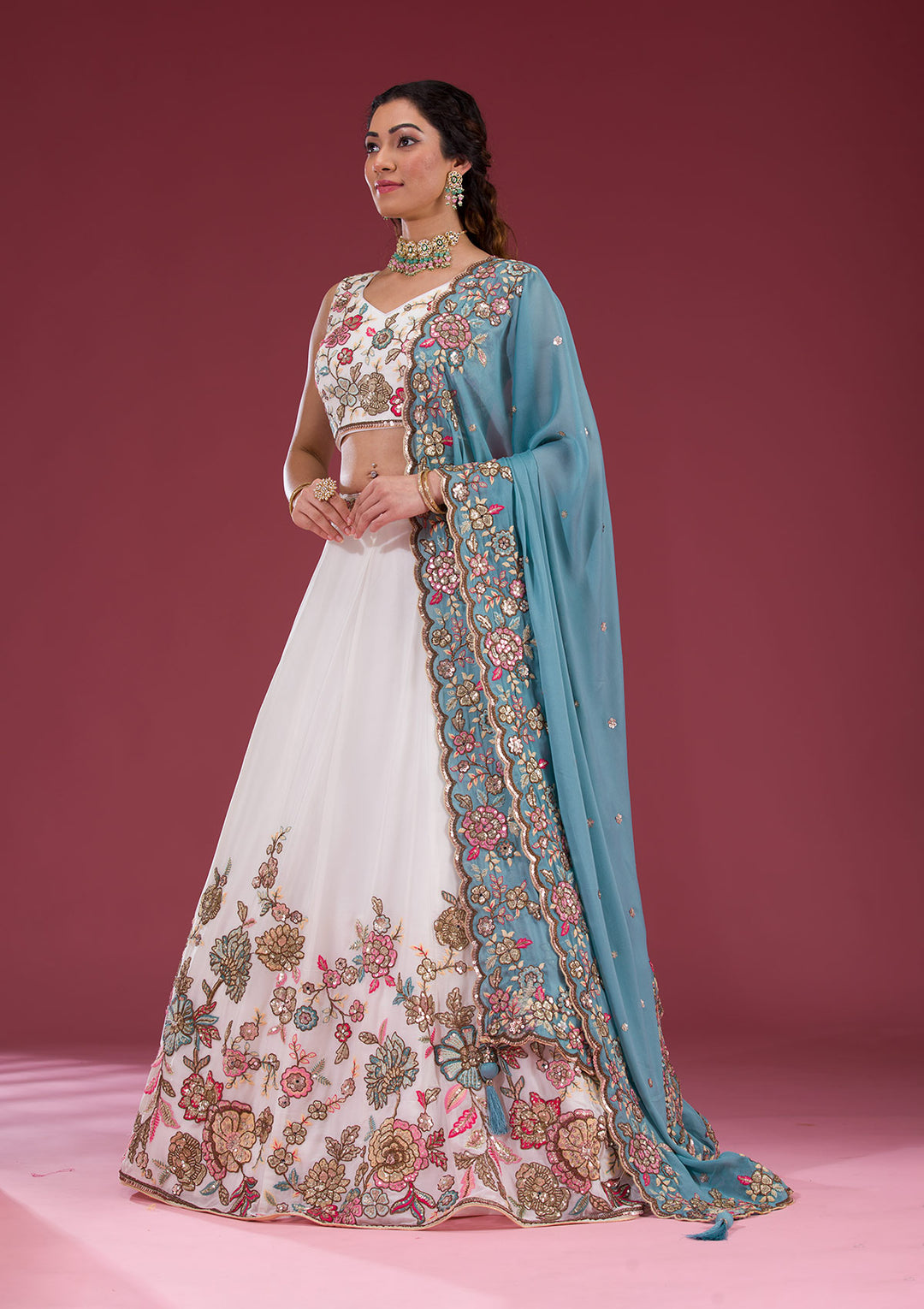 White Threadwork Georgette Readymade Lehenga