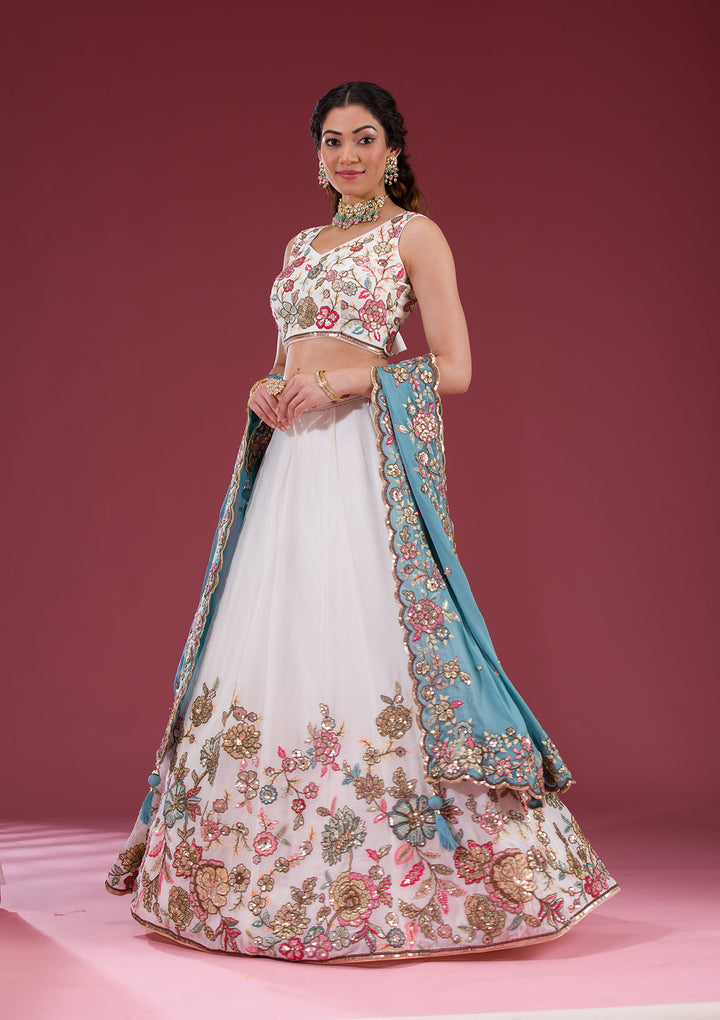 White Threadwork Georgette Readymade Lehenga