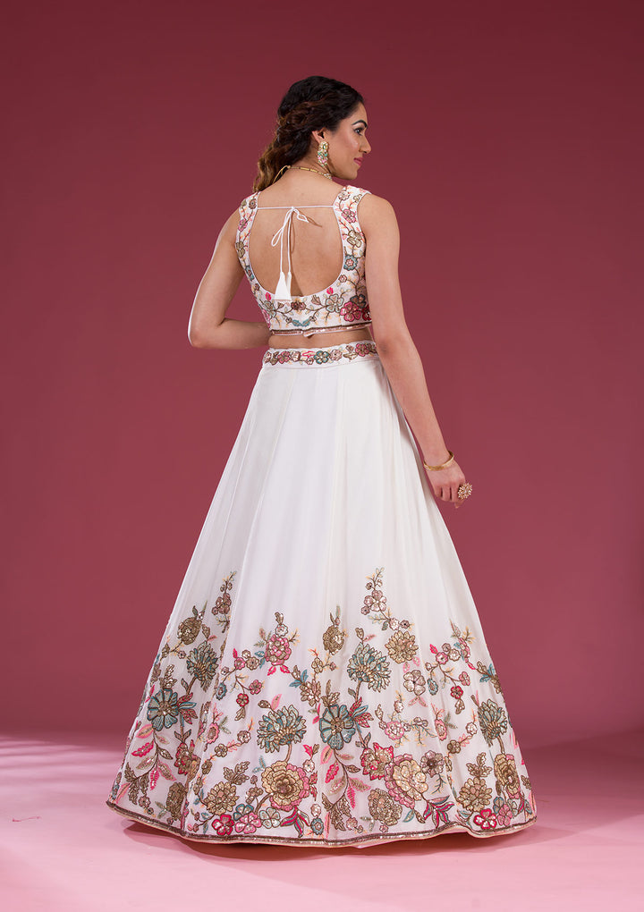 White Threadwork Georgette Readymade Lehenga