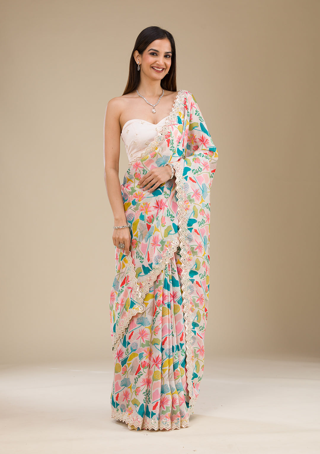 White Georgette Floral Printed Gold Zariwork Saree With Matching Blouse Piece