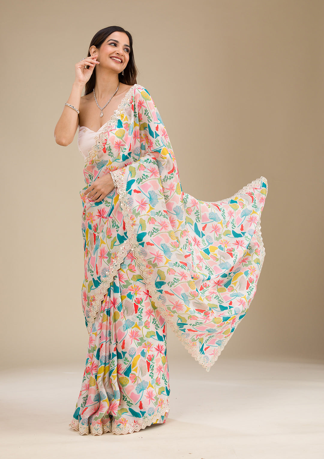 White Georgette Floral Printed Gold Zariwork Saree With Matching Blouse Piece