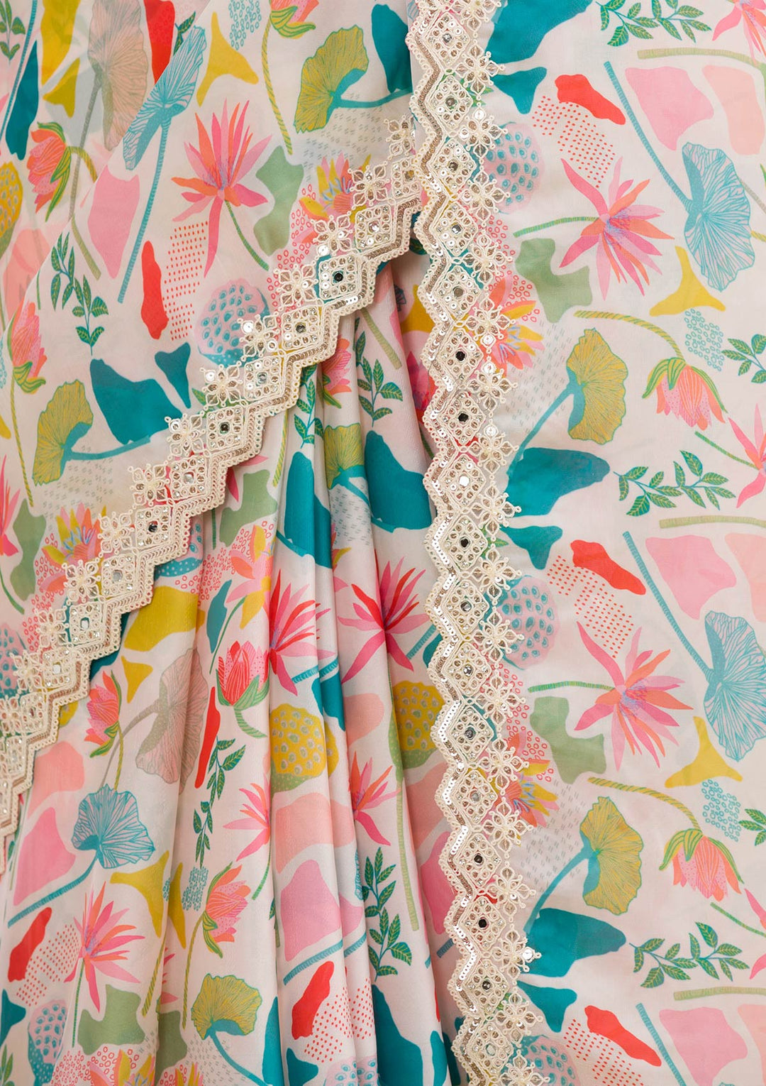White Georgette Floral Printed Gold Zariwork Saree With Matching Blouse Piece