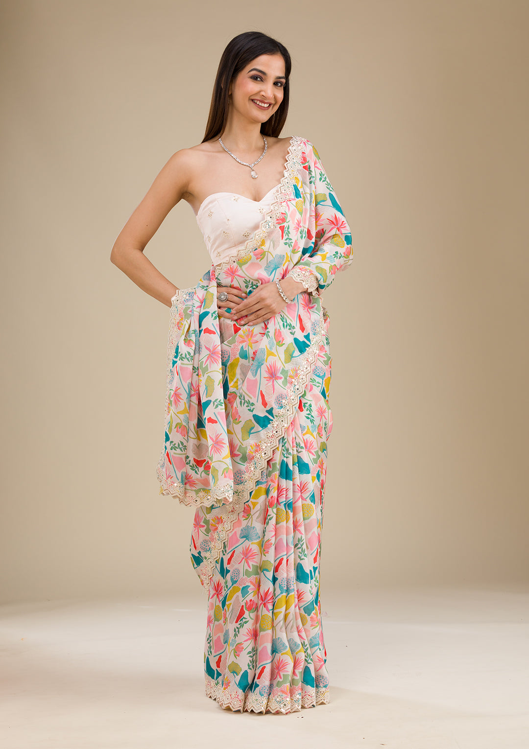 White Georgette Floral Printed Gold Zariwork Saree With Matching Blouse Piece