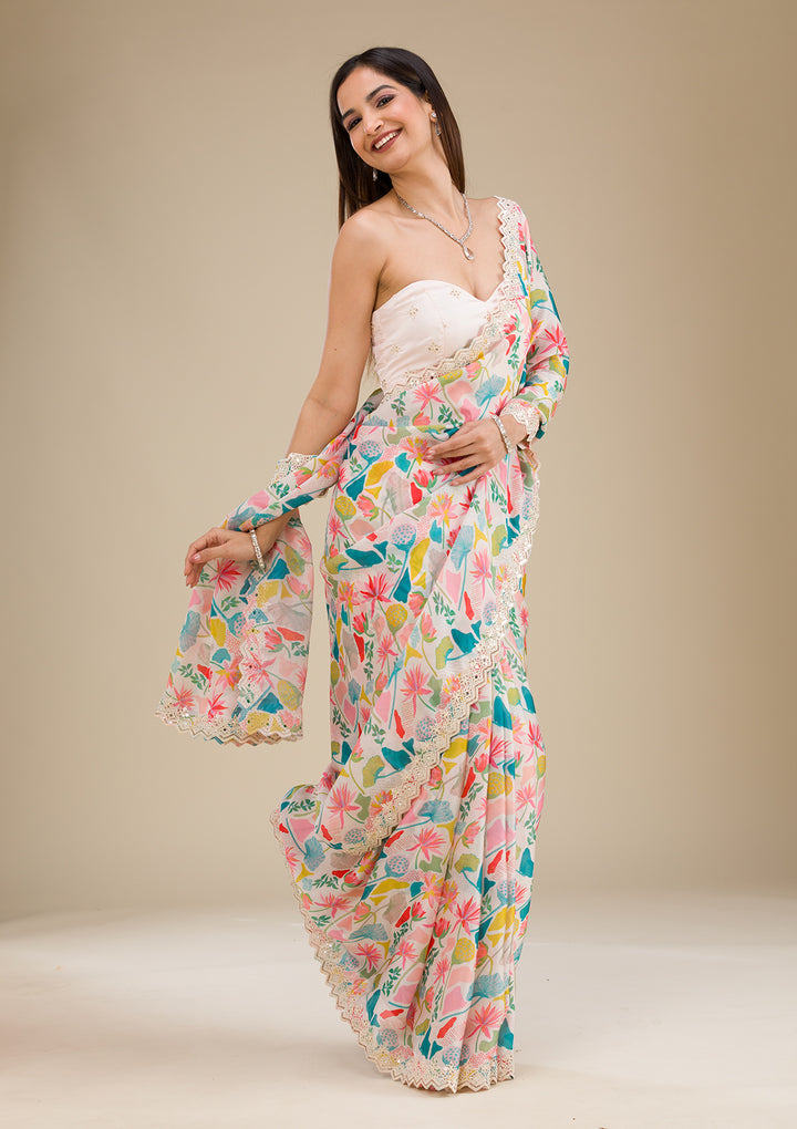 White Georgette Floral Printed Gold Zariwork Saree With Matching Blouse Piece