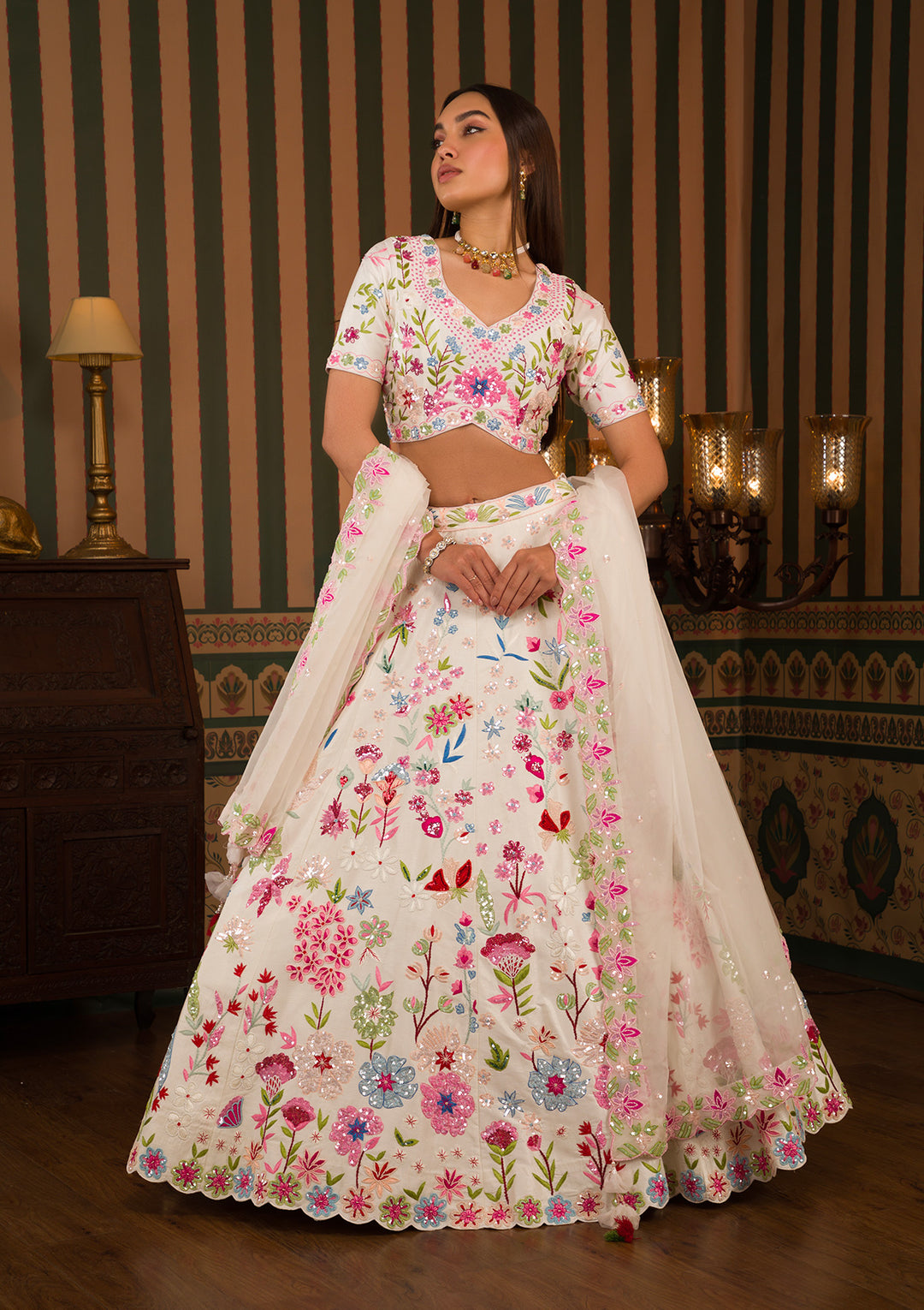 White Threadwork Raw Silk Readymade Lehenga