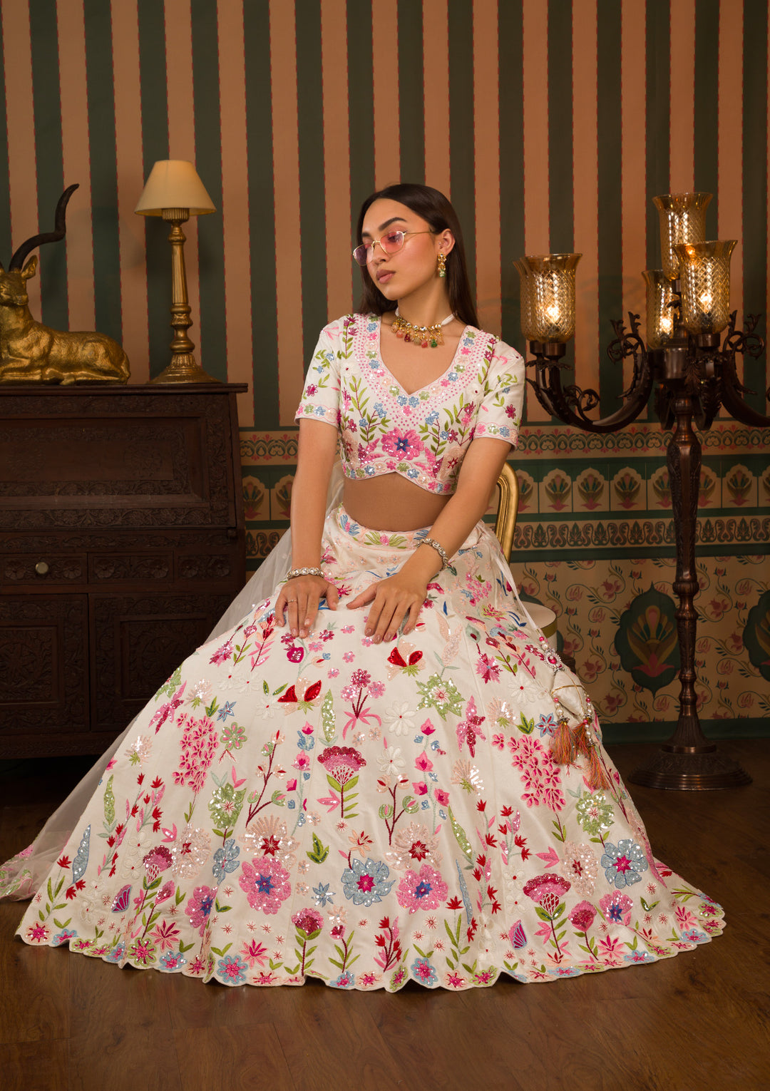 White Threadwork Raw Silk Readymade Lehenga