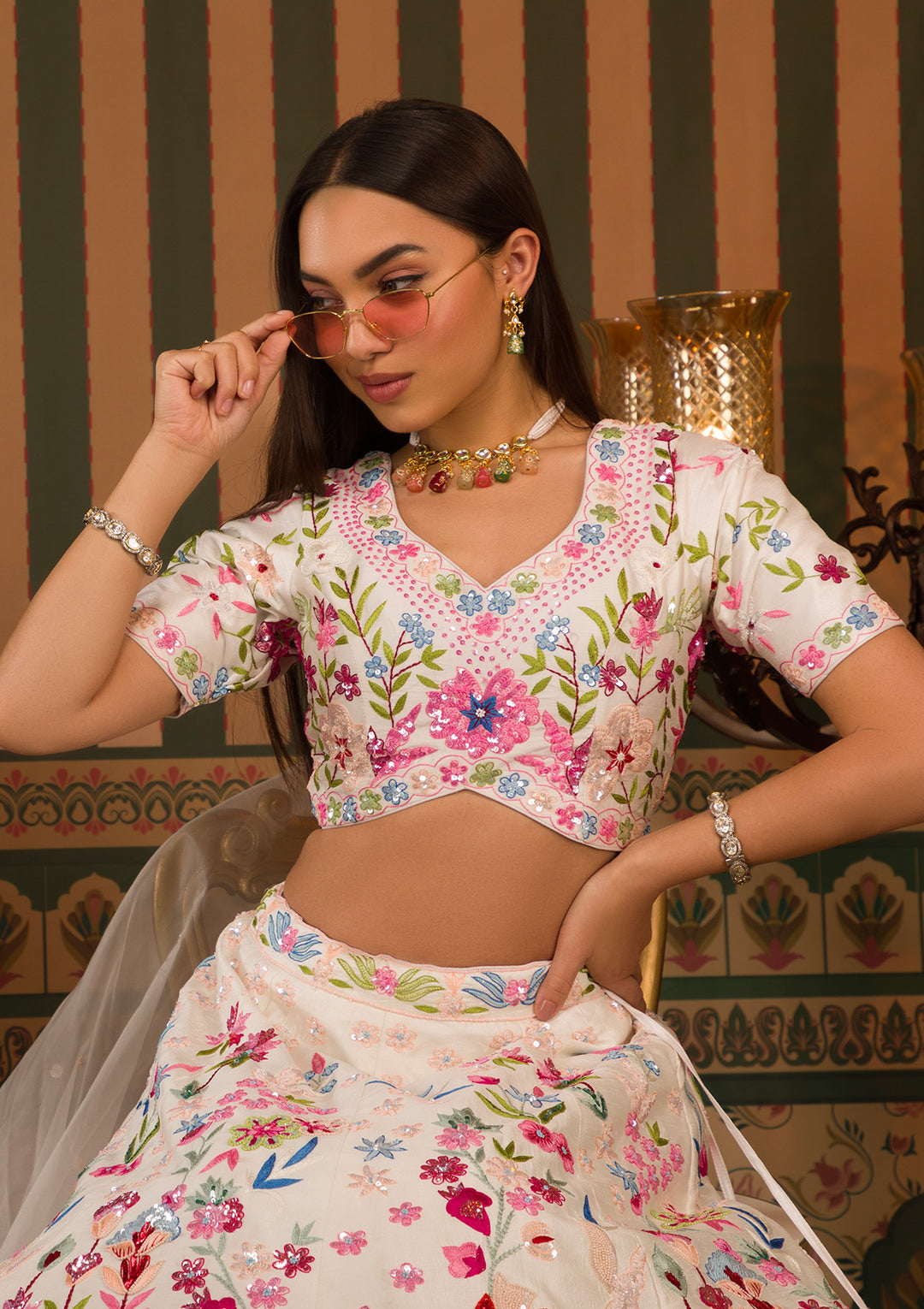 White Threadwork Raw Silk Readymade Lehenga