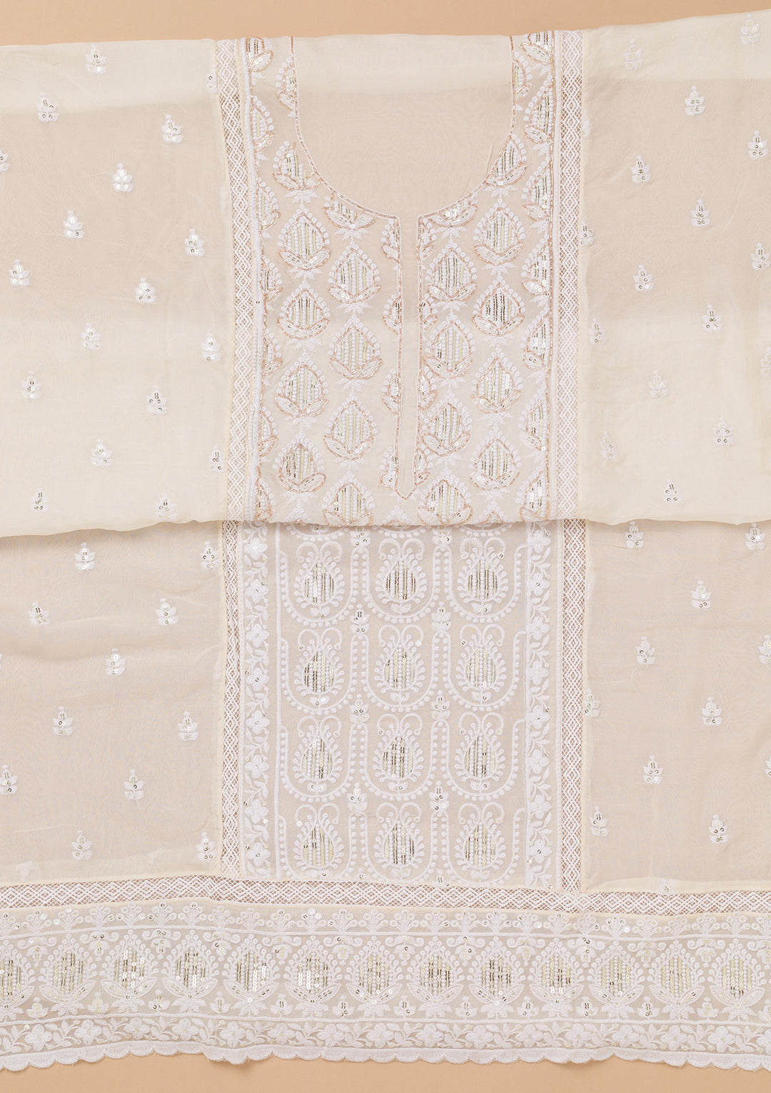 Koskii Georgette Cream Salwar Suit – Unstitched Threadwork Elegance