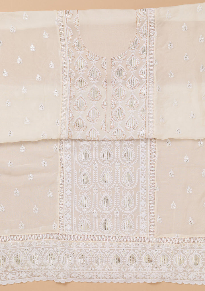 Koskii Georgette Cream Salwar Suit – Unstitched Threadwork Elegance
